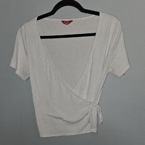 Large Guess White Ribbed Short Sleeve Wrap Top Classic Minimalist Basic Simple